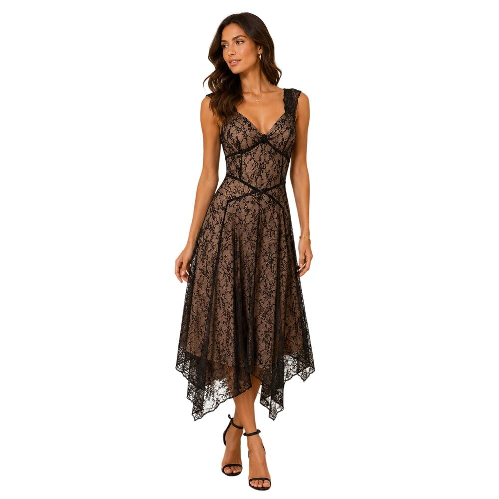 CO-OP Lace Floral V-Neck Sleeveless A-Line Midi Dress Black Nude Women's Size 8